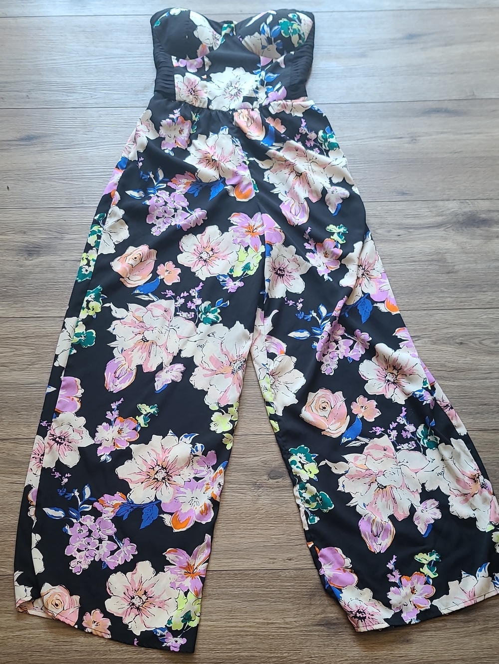 Band of Gypsies Black Floral Strapless Wide Leg Jumpsuit Small